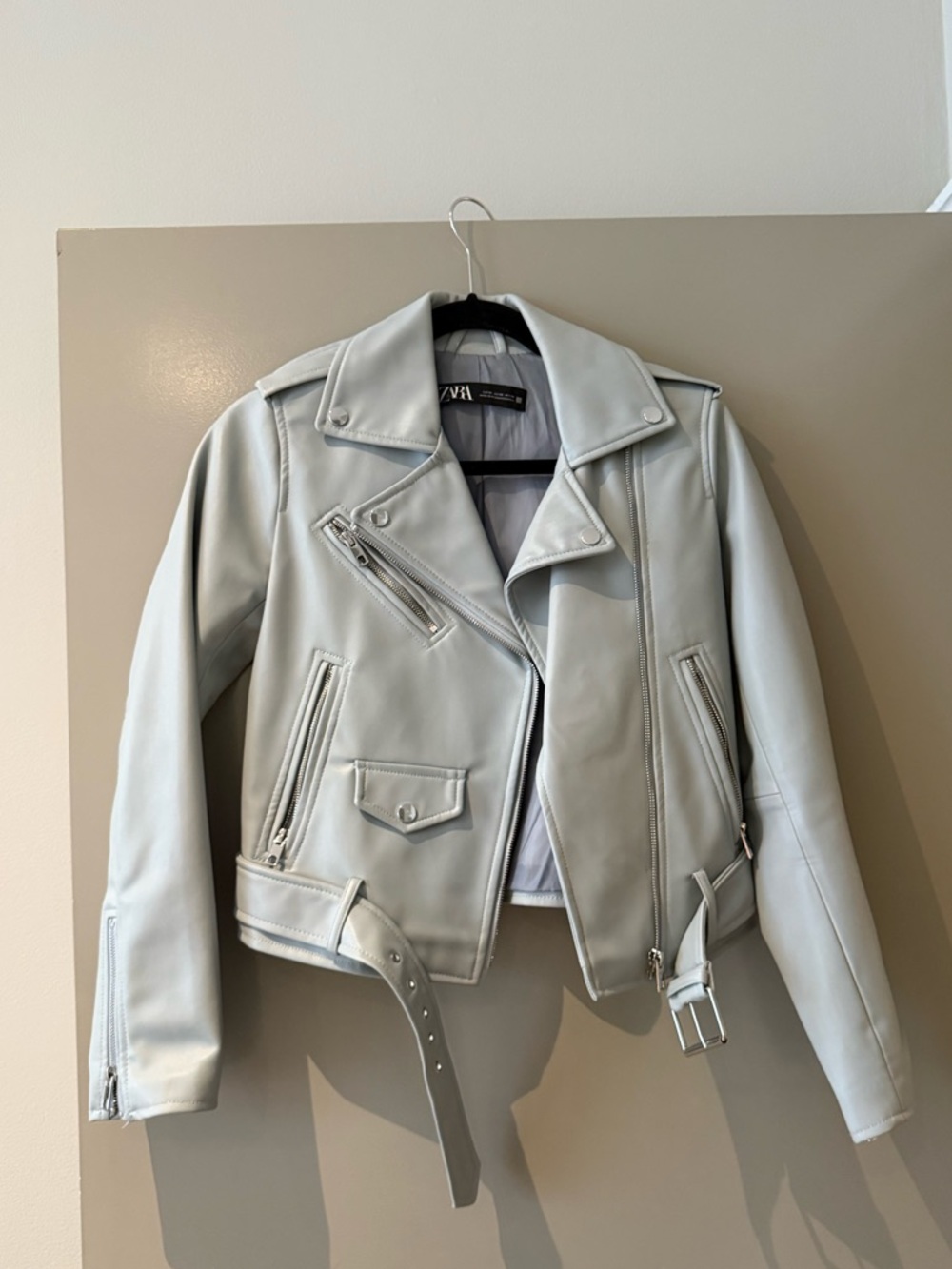 Zara Light Blue Faux Leather Biker Jacket